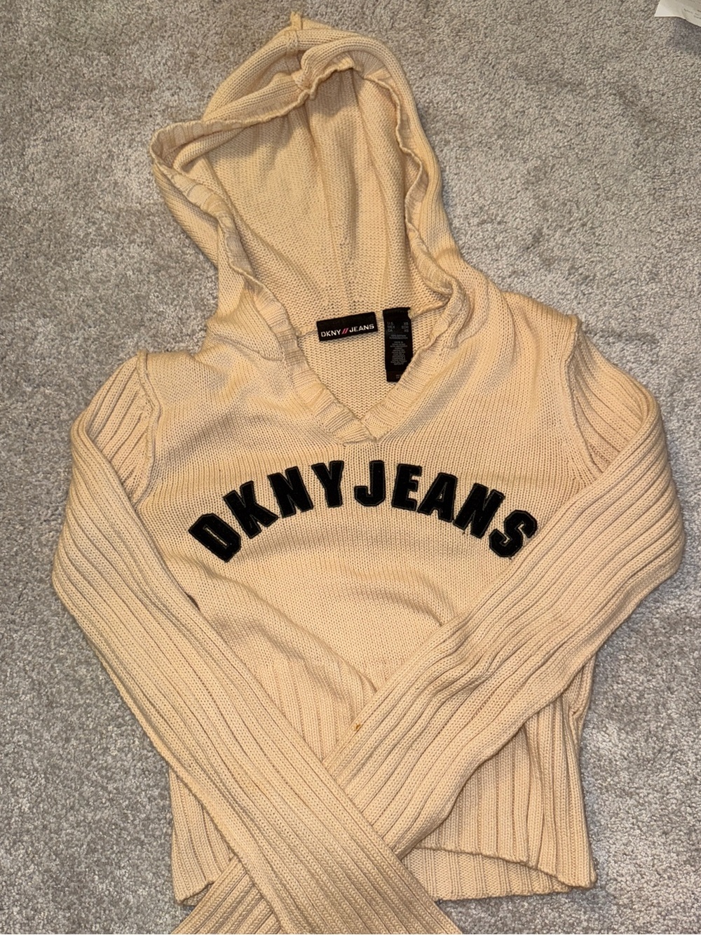 DKNY Jeans Vintage Cream Hooded V-Neck Sweater